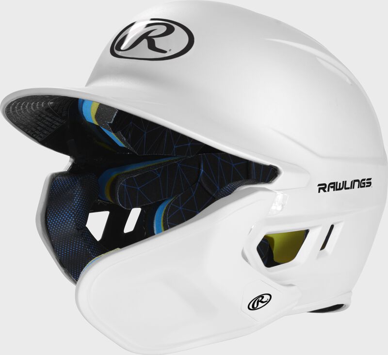 Front left-side view of White Rawlings Mach Carbon Batting Helmet - SKU: MAAR loading=