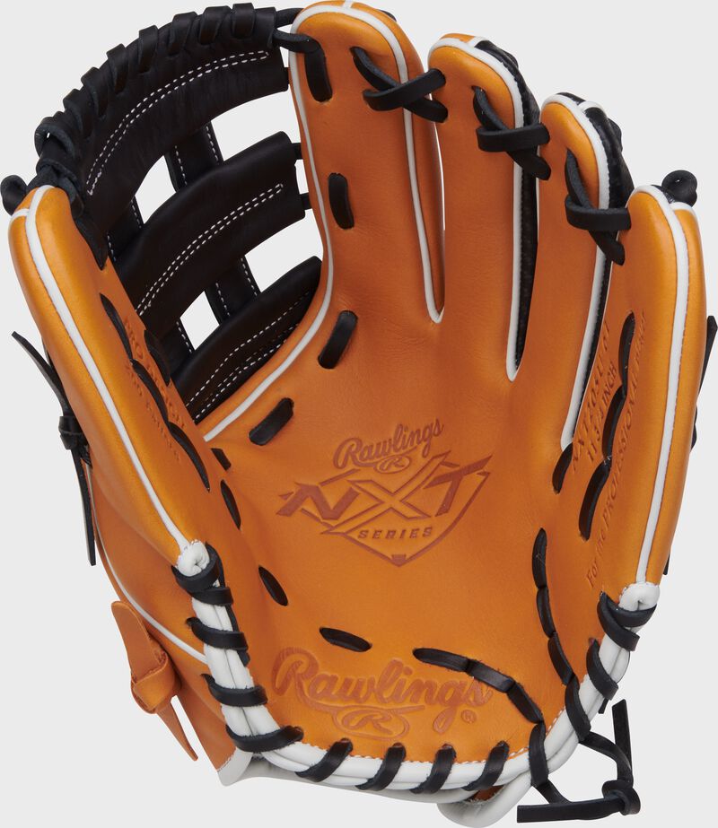 Tan palm of a Rawlings NXT Series infield glove with black laces loading=