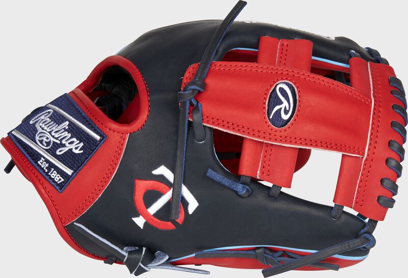 Thumb of a navy/scarlet 2021 Minnesota Twins Heart of the Hide glove with the Twins logo on the thumb - SKU: RSGPRO204-13MIN loading=