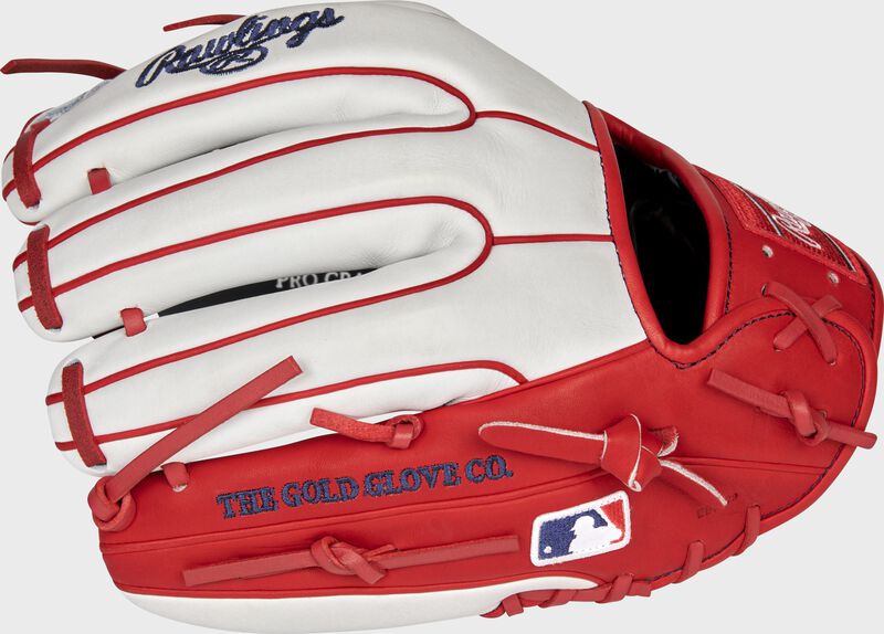 Pinky back view of scarlet and white 2021 Washington Nationals Heart of the Hide glove loading=