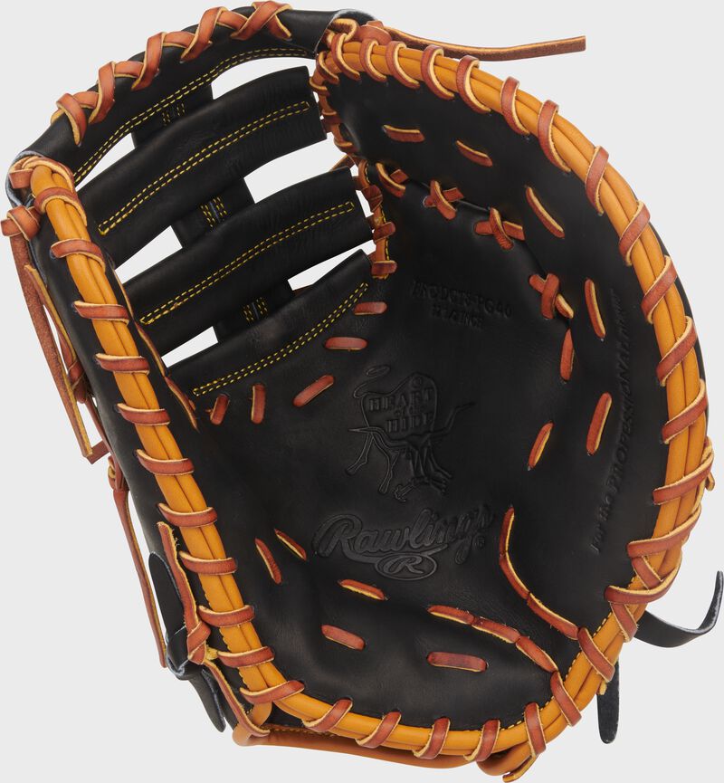 Black palm of a Rawlings Gameday 57 Series Paul Goldschmidt Heart of the Hide 1st base mitt with tan laces loading=