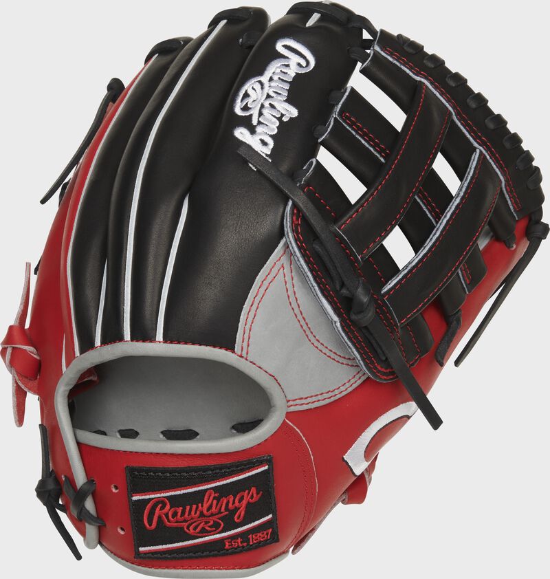 Back of a Cincinnati Reds H-web Heart of the Hide glove with a black Rawlings patch - SKU: RSGPRONP4-6CIN loading=