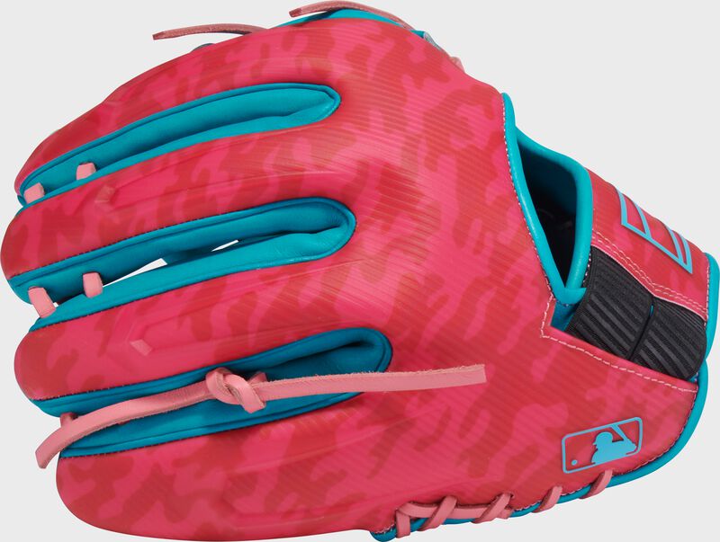 Pink back of a Rawlings Electric Unicorn REV1X 11.5" glove with the MLB logo on the pinky loading=