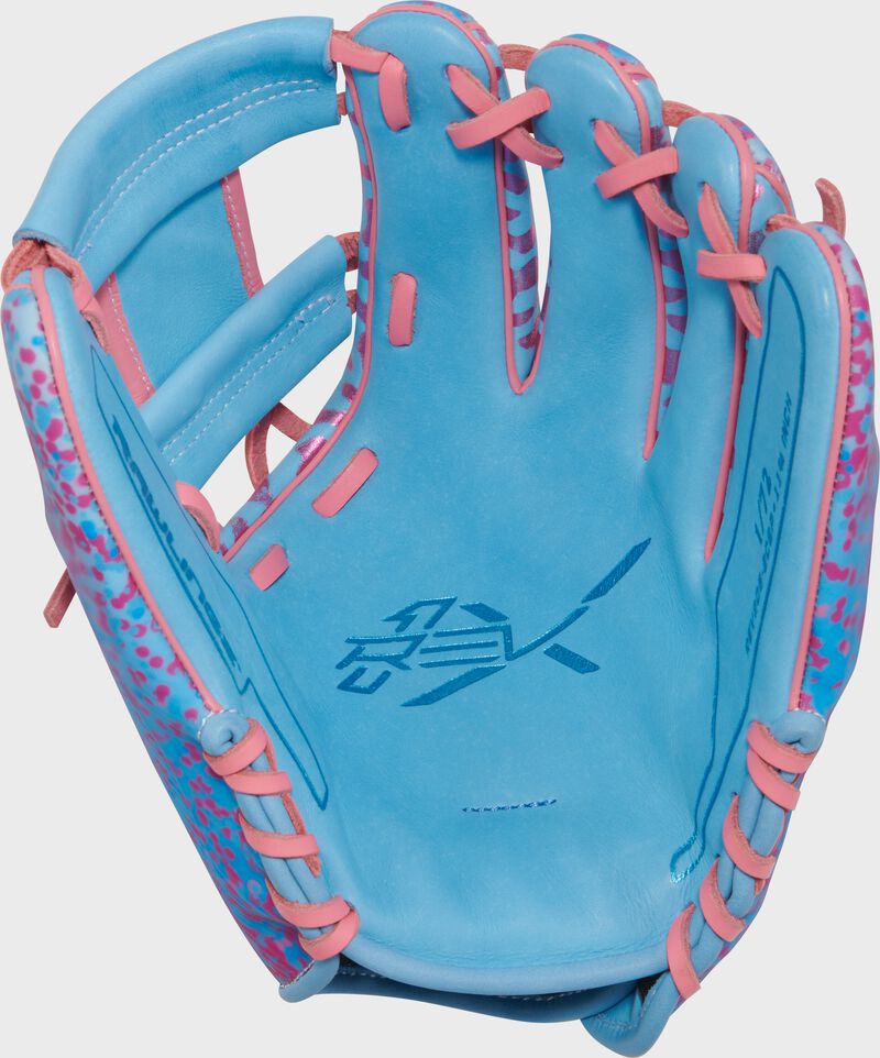 Columbia blue palm of a Rawlings exclusive REV1X 11.75" infield glove with pink laces loading=