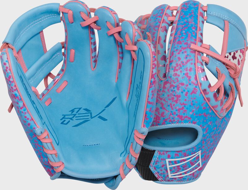 Two images showing the palm & back of a Columbia blue/pink Rawlings exclusive REV1X 11.75" infield glove loading=