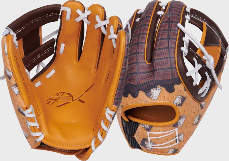 Two images showing the palm & back of a tan/brown exclusive REV1X S'mores infield glove loading=