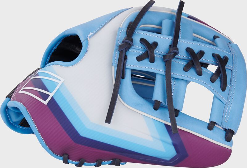 Thumb of a white/Columbia blue/navy Rawlings Francisco Lindor REV1X 11.75" infield glove with a Columbia blue split laced Single Post Web loading=