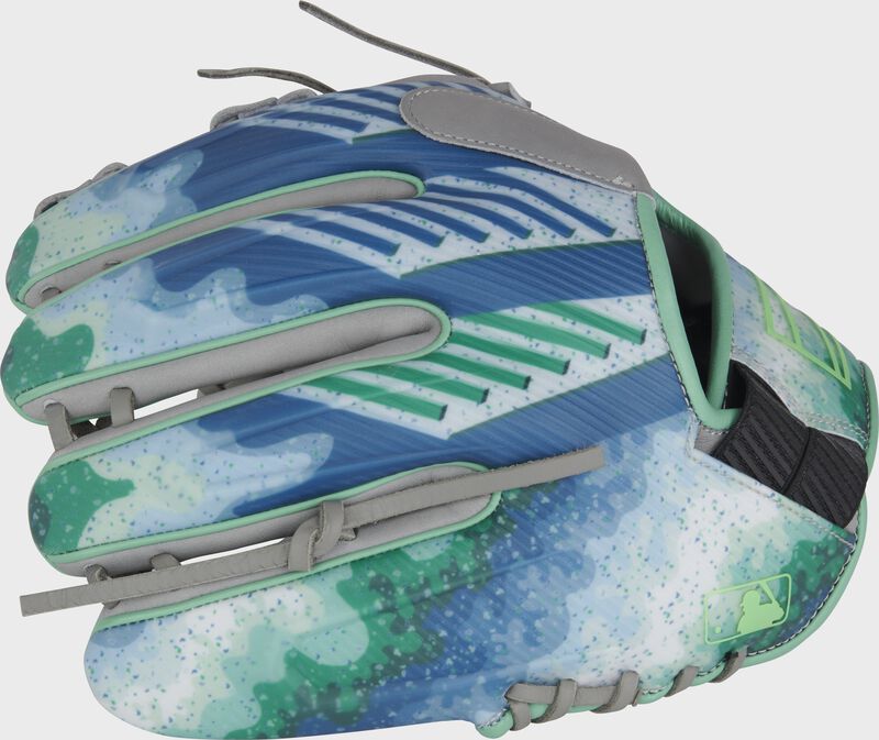 Stylized graphic on the back of a Rawlings REV1X 11.75" infield glove with the MLB logo on the pinky - SKU: REVFL12G loading=