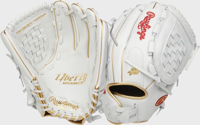 Two images showing the palm & back of a white Liberty Advanced 12.5" Keilani Ricketts pattern glove loading=